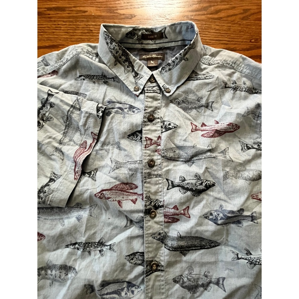 Eddie Bauer Mens Tall Large Fish Print Short Sleeve Button Down Shirt Blue